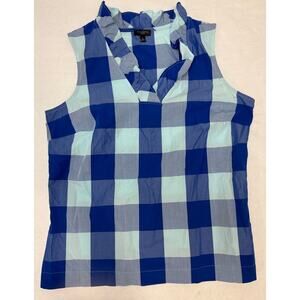 Twee Talbots Women's Ruffle Blouse Checkered Sleeveless Plaid Blue Preppy Small